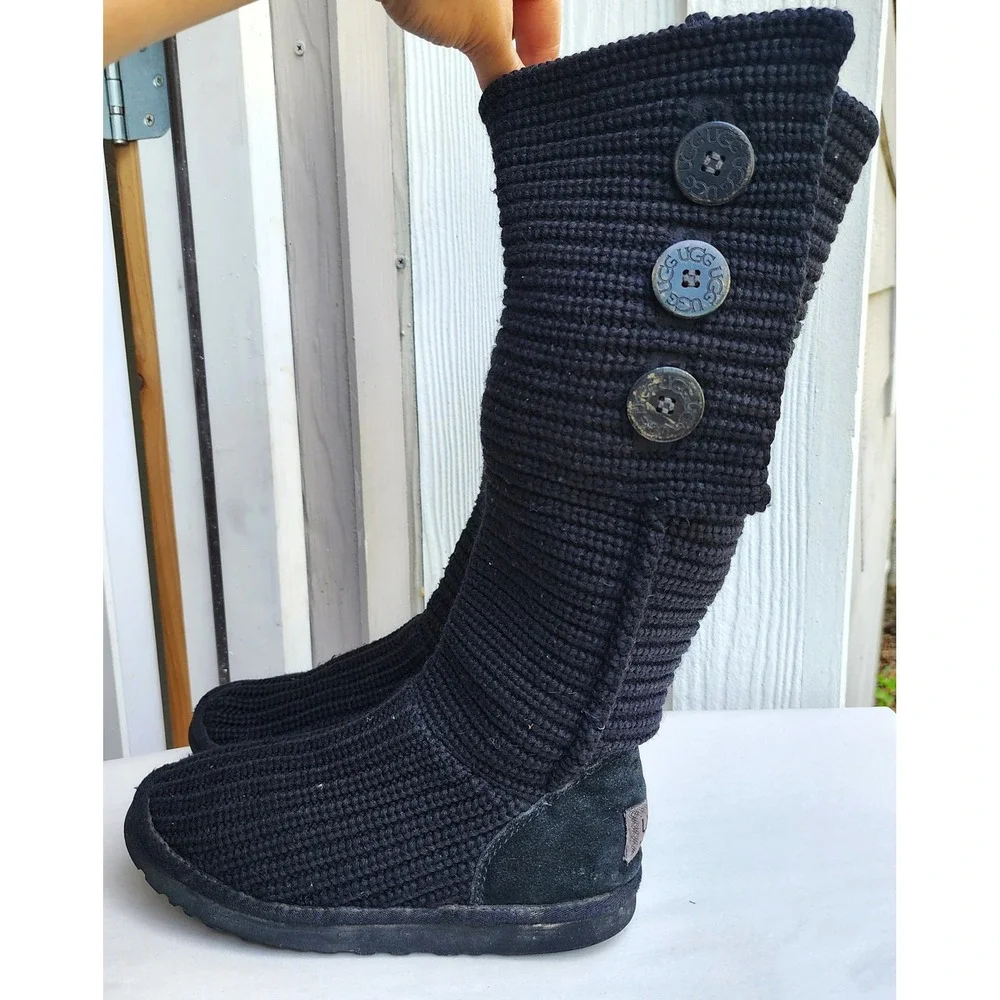 UGG Sz 7 Black Knit Cardy Tall Preppy Y2K Boots Button Fold Over Sheepskin Lined
